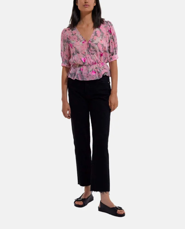 Stock Clearance Short Sleeved Printed Wrap Top | Women | Pink