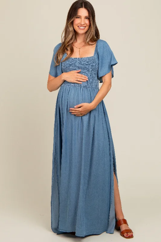 Markdowns bohemian dressLight Blue Chambray Smocked Maternity Maxi Dress