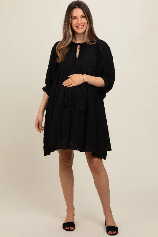Grand Opening Sale floral dressBlack Floral Eyelet Puff Sleeve Maternity Dress
