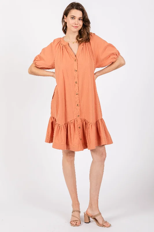 Unmissable Offer chic dressPeach Button Front Short Puff Sleeve Dress