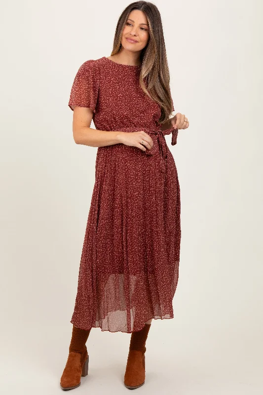 Discount Deals vintage dressBurgundy Leaf Print Pleated Maternity Midi Dress