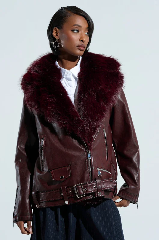 Take Advantage classic bomber jacketON THE GO FUR TRIM MOTO IN BURGUNDY