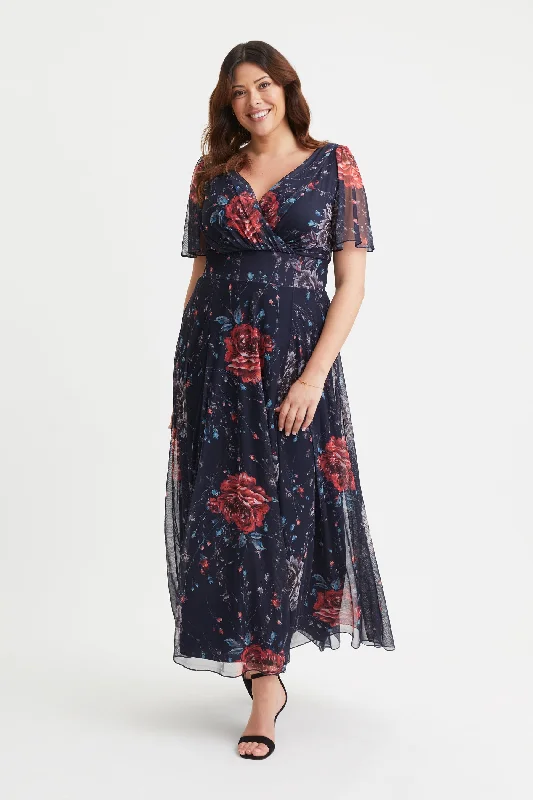 Crazy Savings modern dressIsabelle Navy Red Rose Float Sleeve Maxi Dress