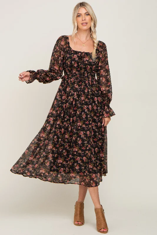 Customer Appreciation Sale spaghetti strap dressBlack Floral Chiffon Smocked Waist Midi Dress Customer Appreciation Sale spaghetti strap dressBlack Floral Chiffon Smocked Waist Midi Dress