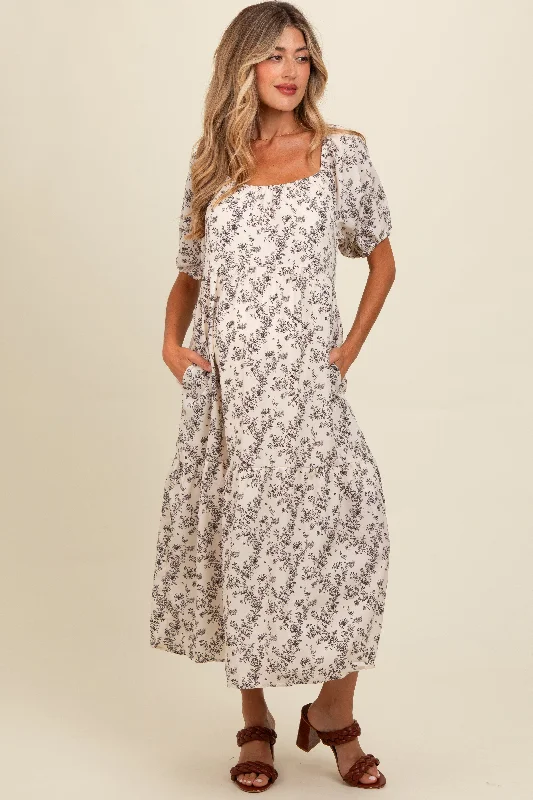 Big Discounts puff sleeve dressCream Floral Ruffle Hem Maternity Midi Dress