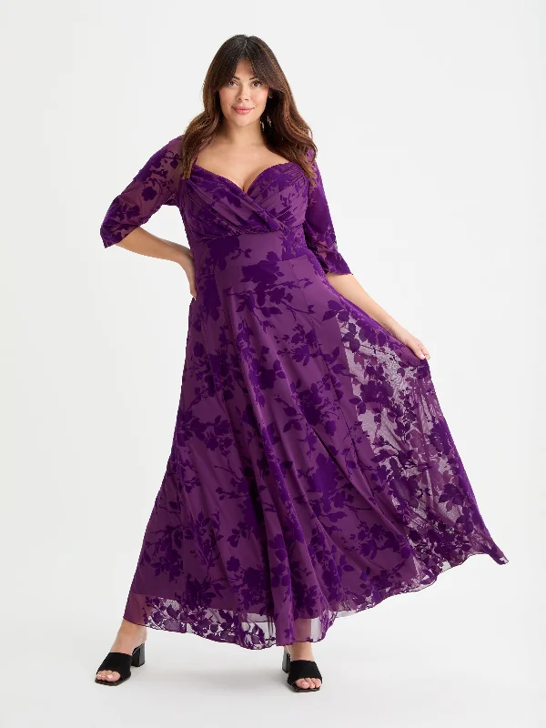Bonus Savings high-waisted dressElizabeth Purple Flocked Mesh Maxi Gown