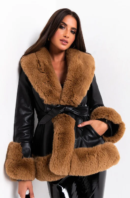 Final Markdown fitted coatAZALEA WANG FAUX FUR TRIM PEPLUM MOTO BLACK BROWN