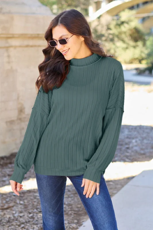 Price Rollback Basic Bae Full Size Ribbed Exposed Seam Mock Neck Knit Top