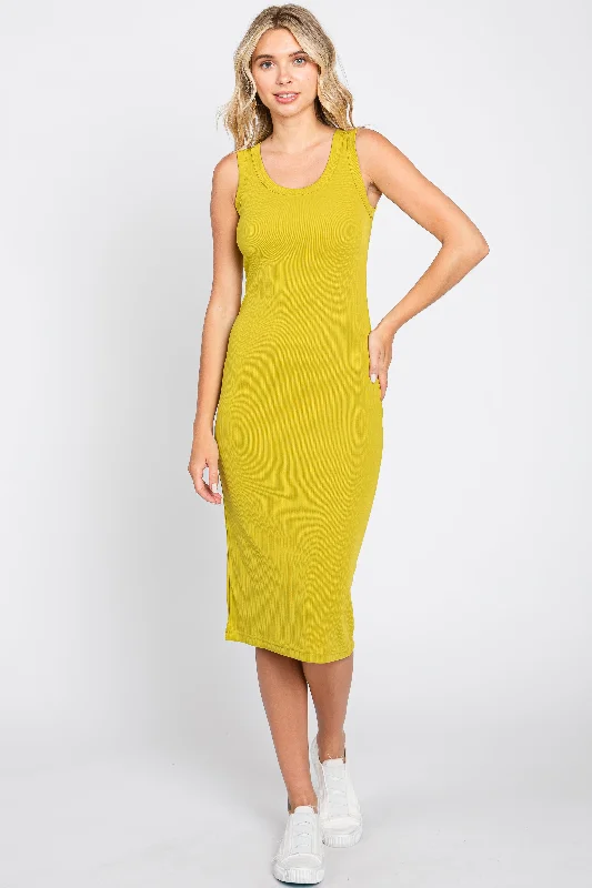 Price Buster chic dressLime Ribbed Fitted Midi Dress