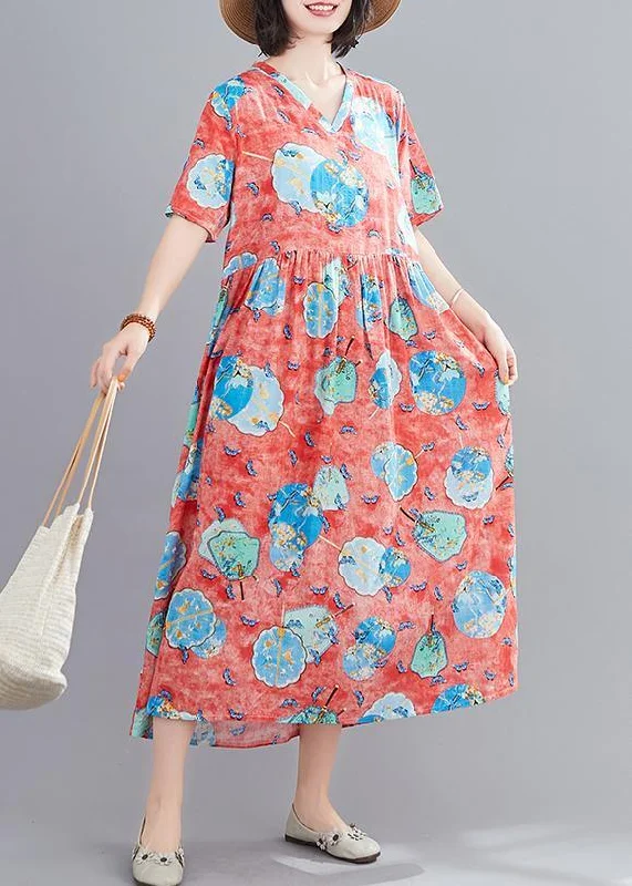 Epic Deals chic wrap dressHandmade red print Tunics v neck Cinched Robe summer Dresses