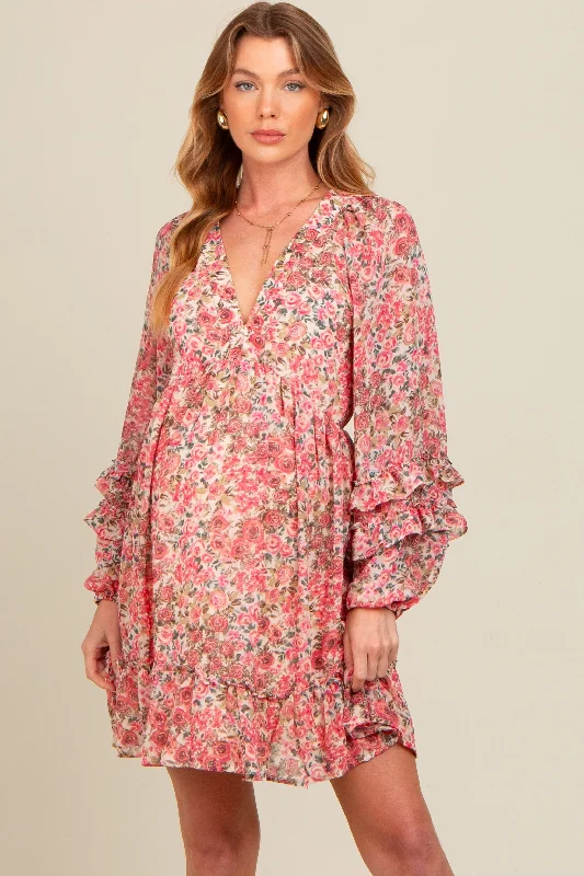 While Supplies Last oversized dressPink Floral Ruffle Accent Maternity Dress