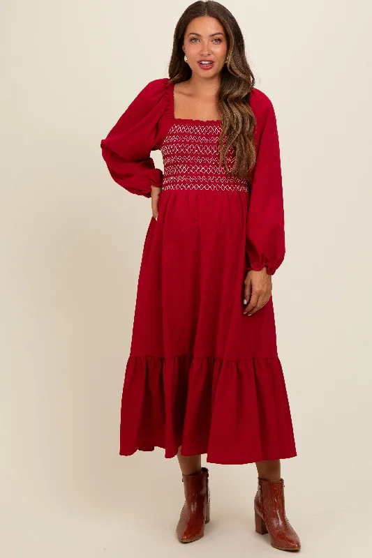 Mega Sale off-the-shoulder dressBurgundy Contrast Smocked Balloon Sleeve Maternity Midi Dress