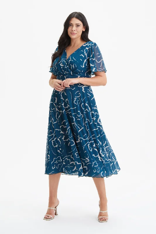 Clearance Event formal dressVictoria Teal Ecru Angel Sleeve Mesh Long Midi Dress