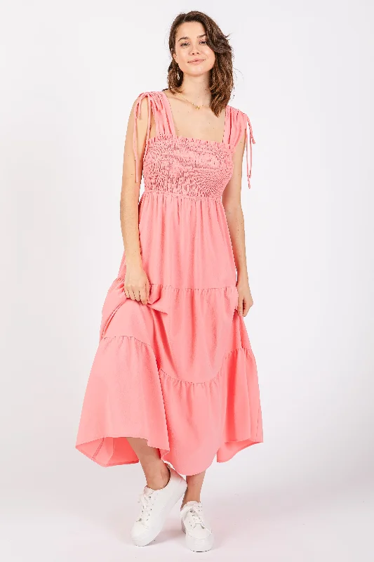 Doorbuster Deal wool dressCoral Smocked Sleeveless Drawstring Shoulder Tiered Midi Dress