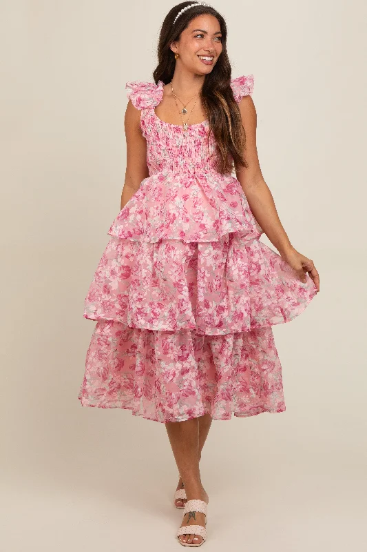Clearance Items vintage dressPink Floral Smocked Tiered Layered Maternity Midi Dress
