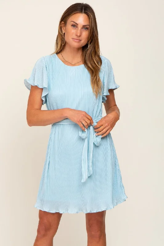 Crazy Savings modern dressLight Blue Pleated Front Tie Dress