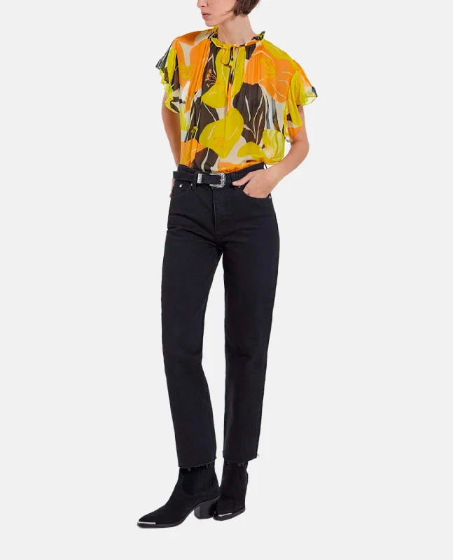 Reduced Prices Flowing Printed Top With Frills | Women | Yellow