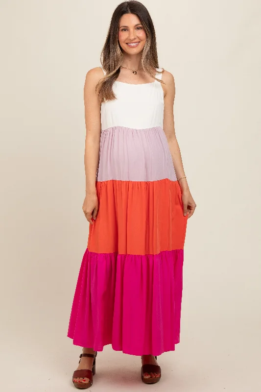 Daily Deals fitted cocktail dressFuchsia Tiered Colorblock Maternity Maxi Dress