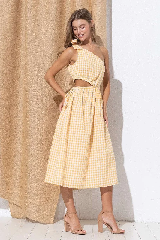 TIME-Limited Offer party-ready dressYellow Plaid Sleeveless Midi Skirt Dress