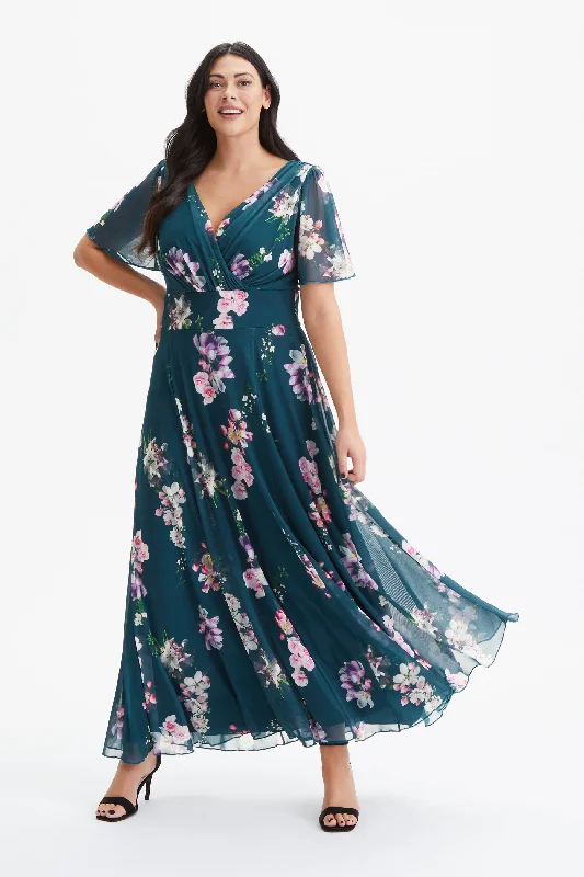Year-End Sale long-sleeve floral dressIsabelle Teal Pink Multi Float Sleeve Maxi Dress