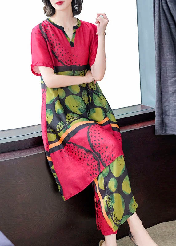 New Deals Women Red Print Tops And Pants Silk Two Pieces Set Summer TF1021