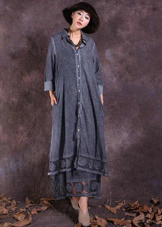 Deal Dash casual midi dressOrganic gray long sleeve linen cotton clothes For Women lace hem Traveling summer cardigan