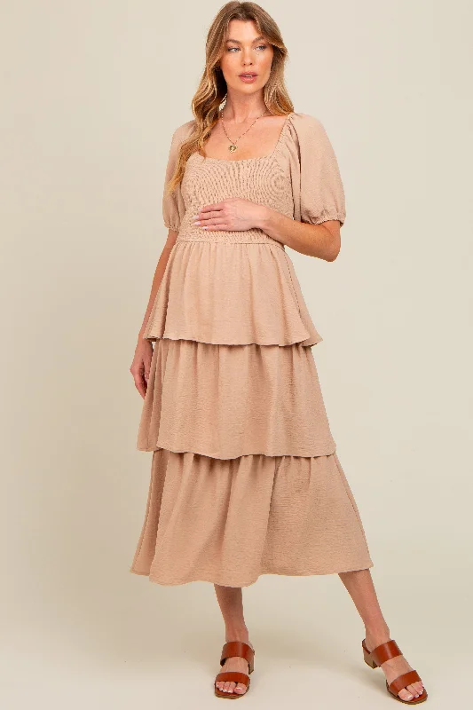Must-Have Deals floral wrap dressMocha Smocked Body Ruffled Tiered Maternity Midi Dress