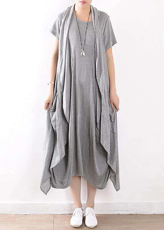 Lowest Price lace-up dressnew 2024 gray linen two pieces sleeveless cardigans and o neck maxi dress