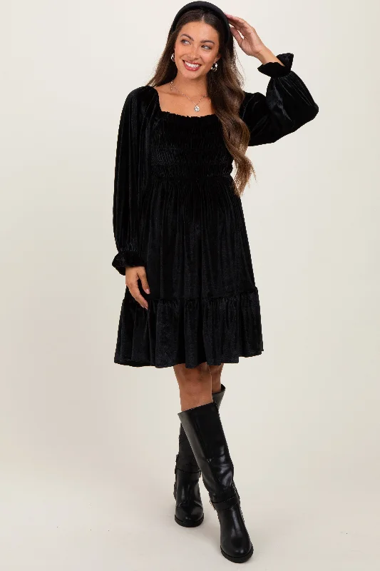 Extra Discounts v-neck dressBlack Velvet Smocked Long Sleeve Maternity Dress