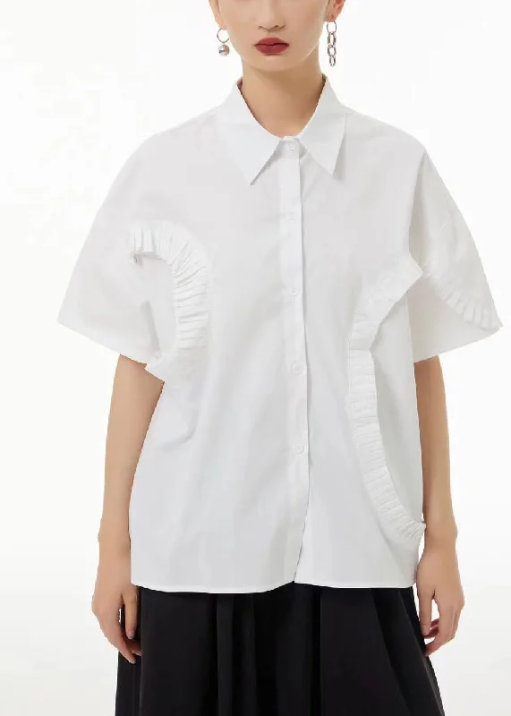 Blowout Deals Style White Peter Pan Collar Wrinkled Cotton Shirt Top Summer LC0132