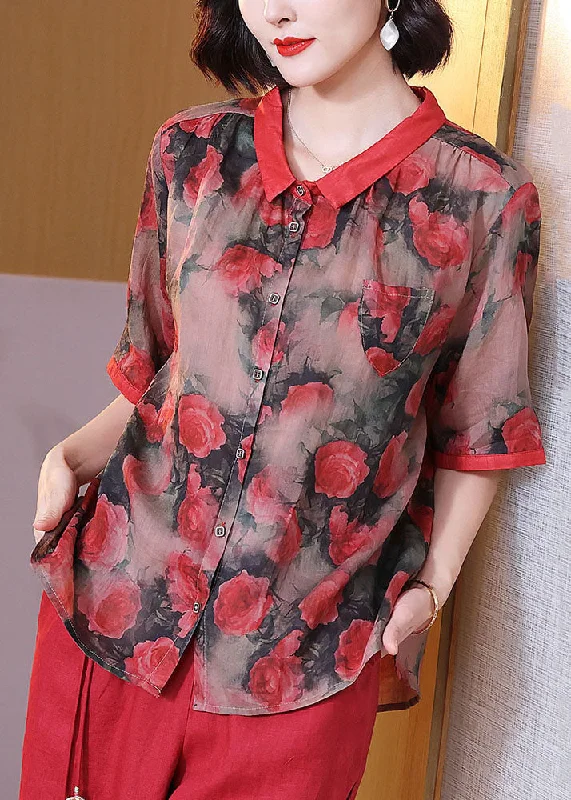 Super Bargain Women Red Peter Pan Collar Print Button Patchwork Linen Top Summer TP1067