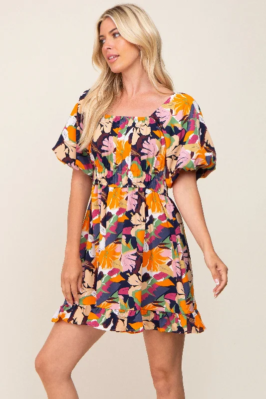 Big Discounts v-neck dressMulticolor Floral Pint Puff Sleeve Dress