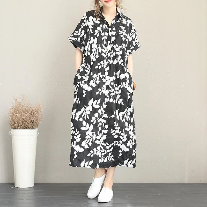 YEAR-End Sale mini dressNew floral long cotton dress plus size clothing lapel collar caftans New short sleeve caftans