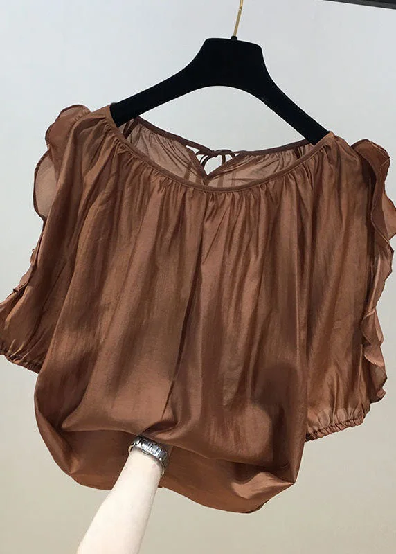 Lowest Prices Coffee Patchwork Chiffon Shirt Tops Ruffled O-Neck Summer LY0589