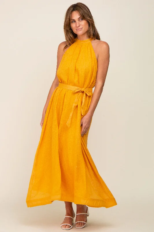 Midnight Sale boho dressYellow Linen A-line Midi Dress