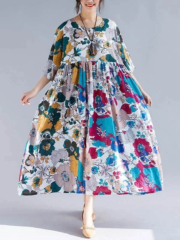Now or Never off-shoulder dressNatural floral cotton clothes Women o neck Cinched Maxi Dress