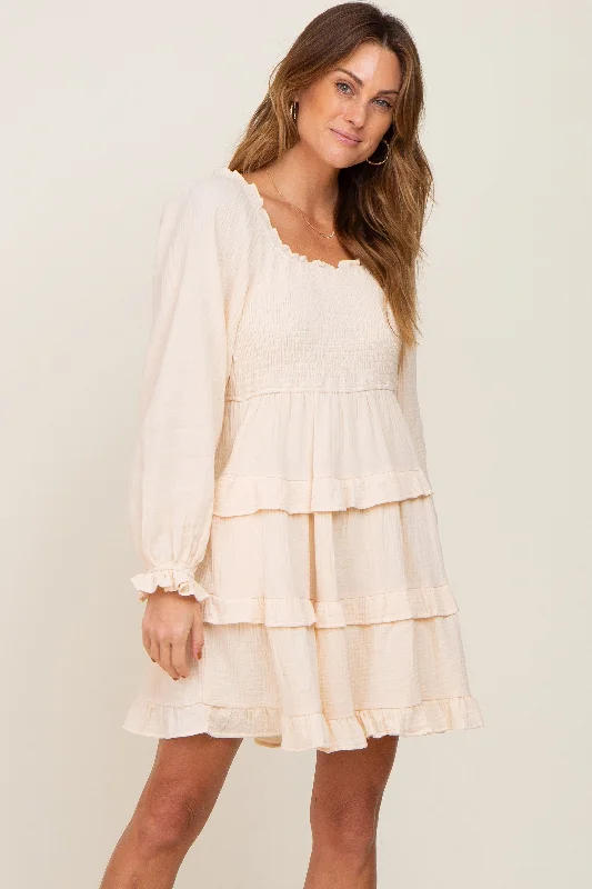 Deep Discounts puff sleeve dressIvory Smocked Ruffle Tiered Long Sleeve Dress