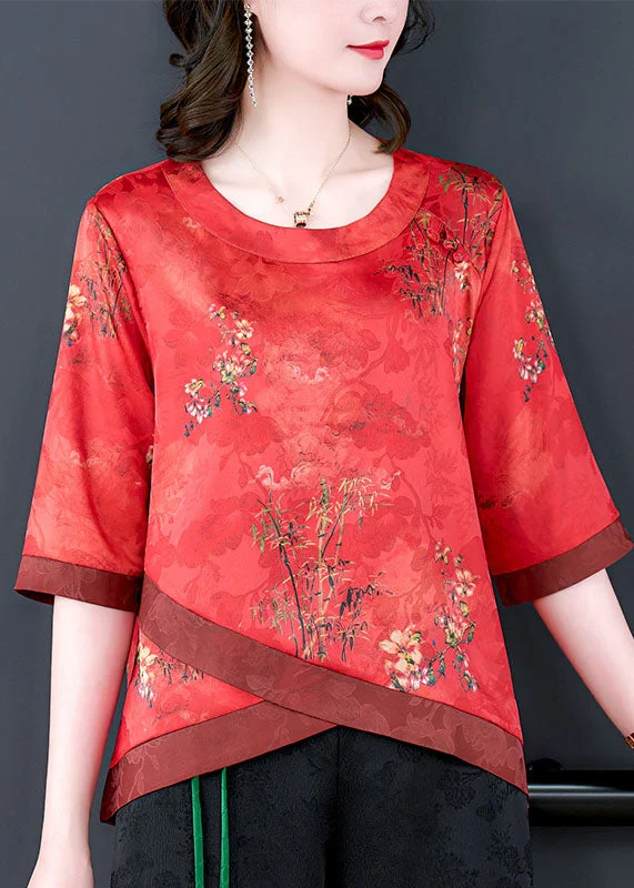Daily Deals French Red O Neck Print Patchwork Silk Shirt Tops Summer LY0474