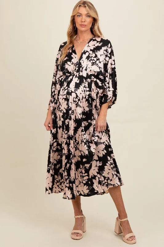 Price Blitz playful dressBlack Floral Satin Pleated V-Neck Maternity Maxi Dress