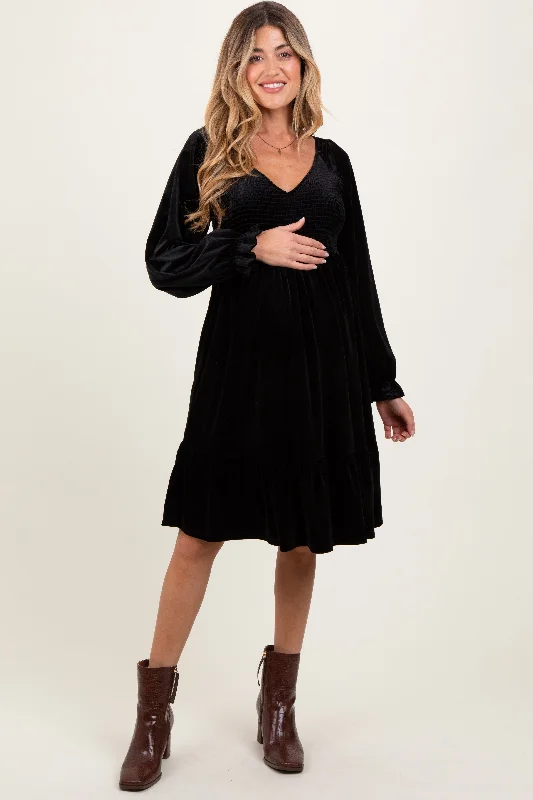 Sale Event lace dressBlack Velvet Smocked Maternity Long Sleeve Dress