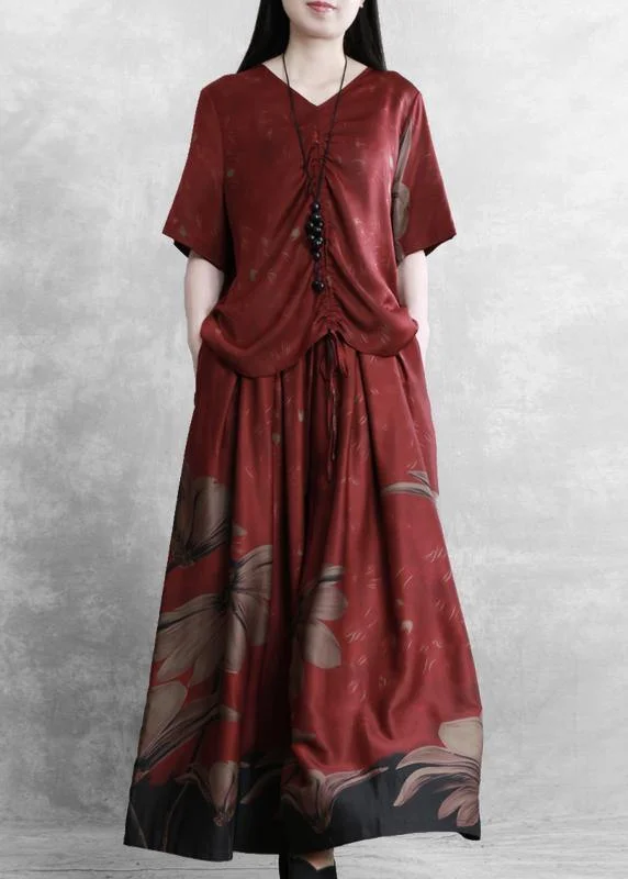 Act Fast denim dressEthnic style female V-neck red large size was thin shirt + skirt pants