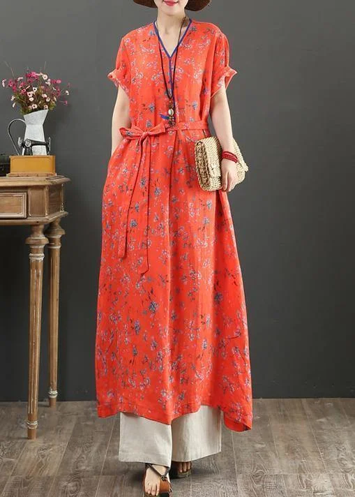 Special Offer romantic dressWomen red print cotton quilting clothes v neck tie waist Kaftan Dress