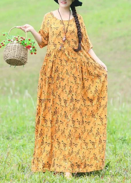 Lowest Prices summer floral dressFrench yellow floral linen dress Casual Shirts o neck Half sleeve Plus Size Clothing Summer Dress