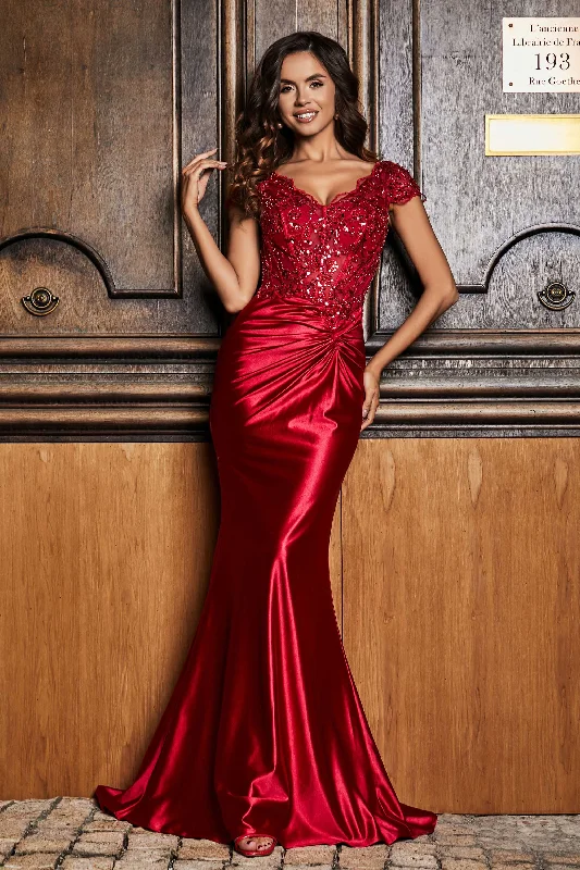Take Advantage Cap Sleeves Beaded Top Satin Gown