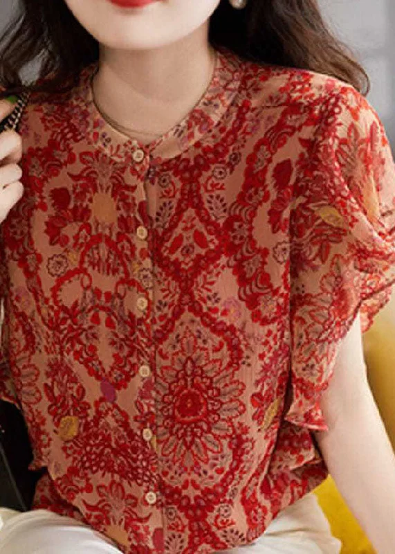 Extra Savings Chic Red Ruffled Print Patchwork Silk Shirt Tops Summer LY0389