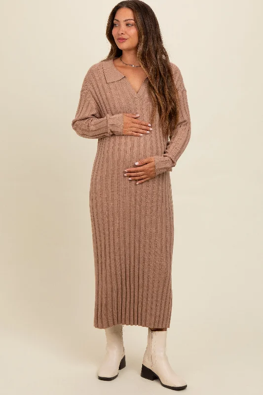 Best Bargains casual midi dressMocha Ribbed Collared Maternity Midi Sweater Dress