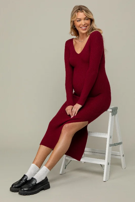 Early Access structured dressBurgundy Ribbed Knit Side Slit Maternity Midi Dress