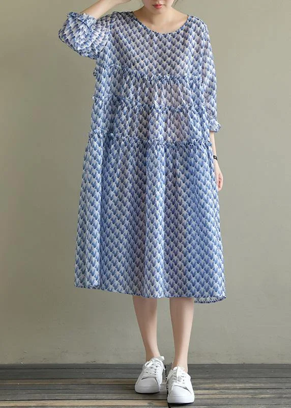 Special Savings office dressItalian o neck large hem chiffon dress fine Wardrobes blue print Art Dress Summer