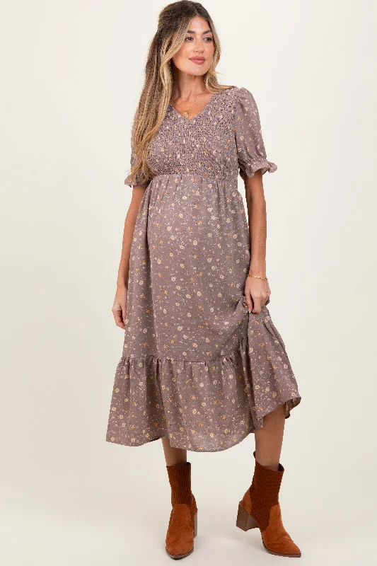 Fantastic Offers elegant maxi dressMauve Floral Print Smocked Ruffle Hem Maternity Midi Dress