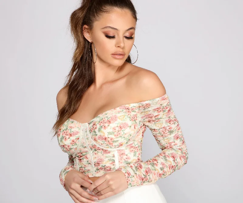 Price Reduction A Ruched Romance Floral Crop Top
